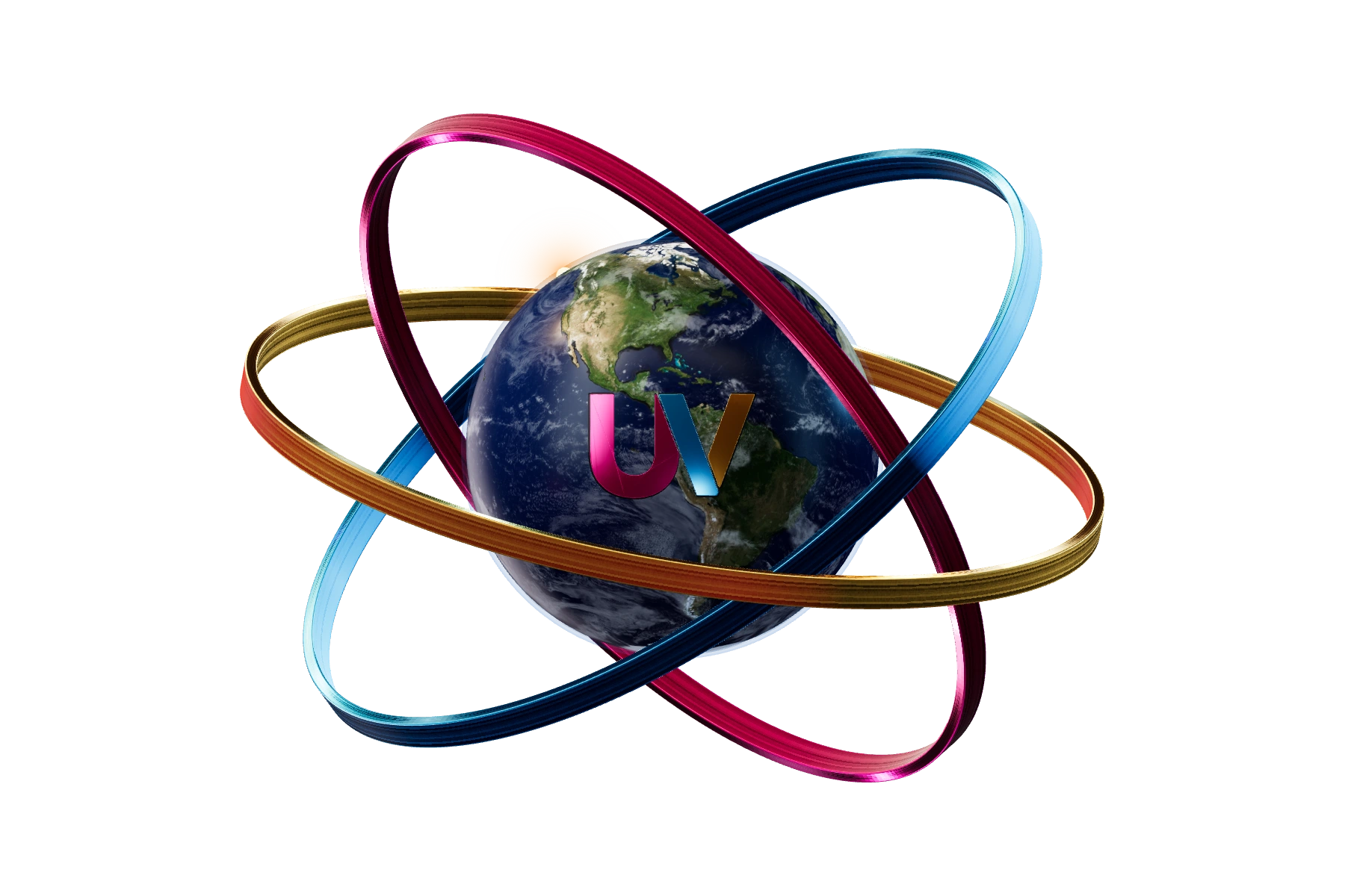 UpperVision’s sculpted UV emblem over Earth at dawn, framed by three metallic orbits